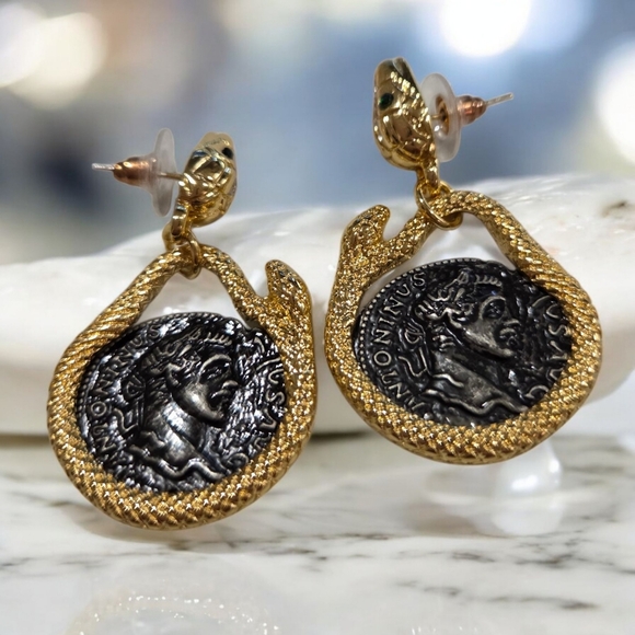 Coiled Snake Crystal Ancient Coin Earrings - Picture 3 of 4